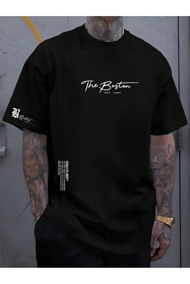 Unisex Erkek/Kadın THE BOSTON Özel Baskılı Oversize Pamuklu Bisiklet Yaka T-Shirt